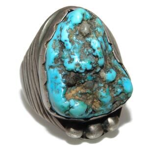 Vintage Sterling Silver Southwestern Turquoise Men Signet Ring Size 9.25 Biker